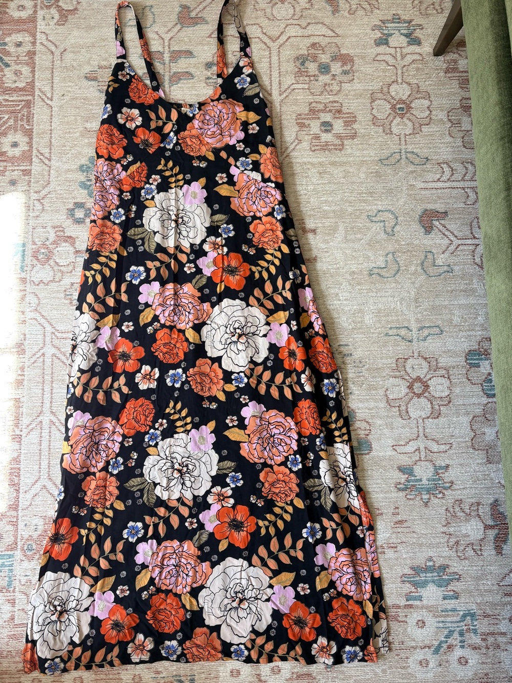 Floral Black Slip Dress with Orange and Cream Blooms